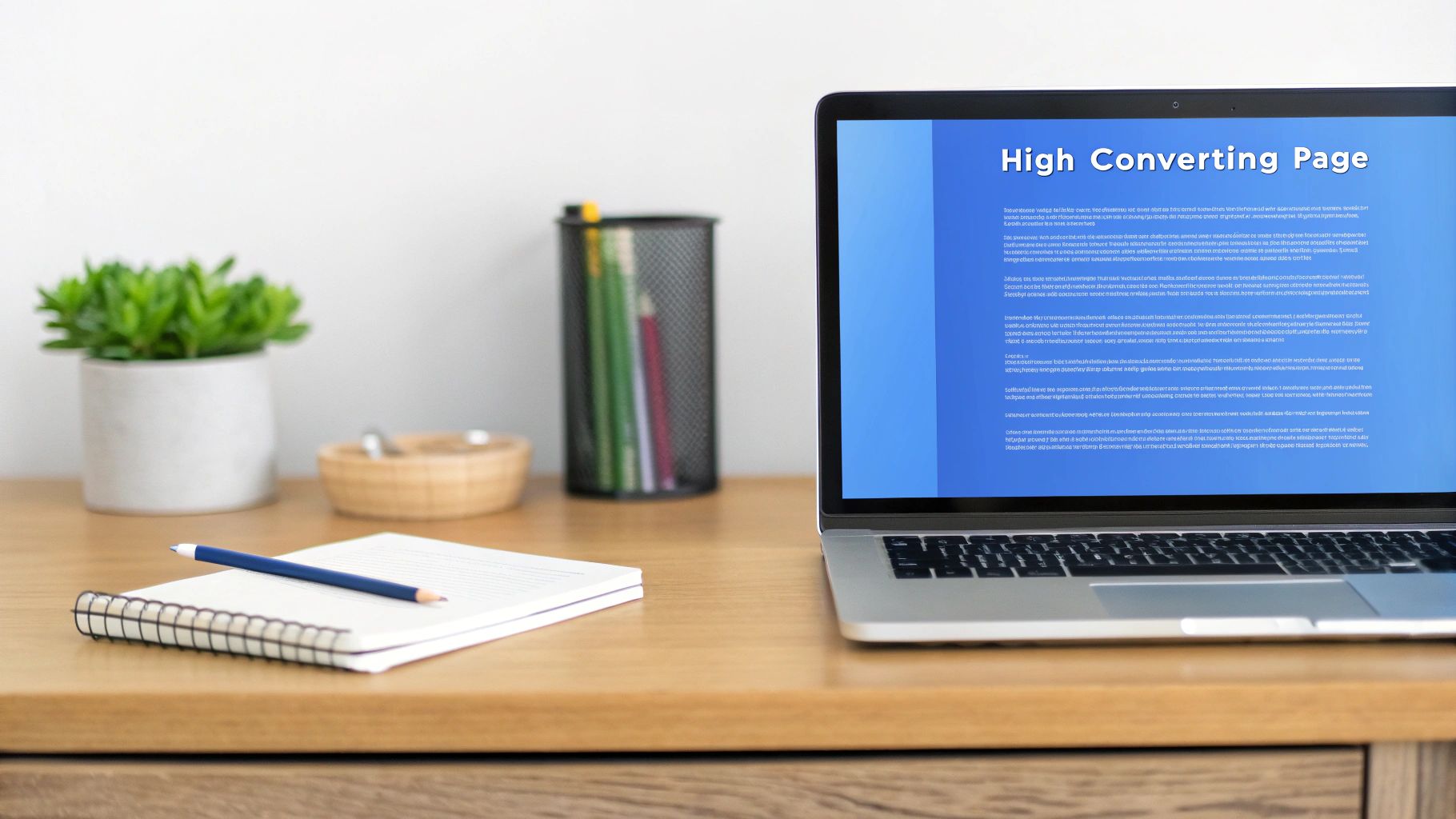 A designer working on a landing page layout on a computer screen.
