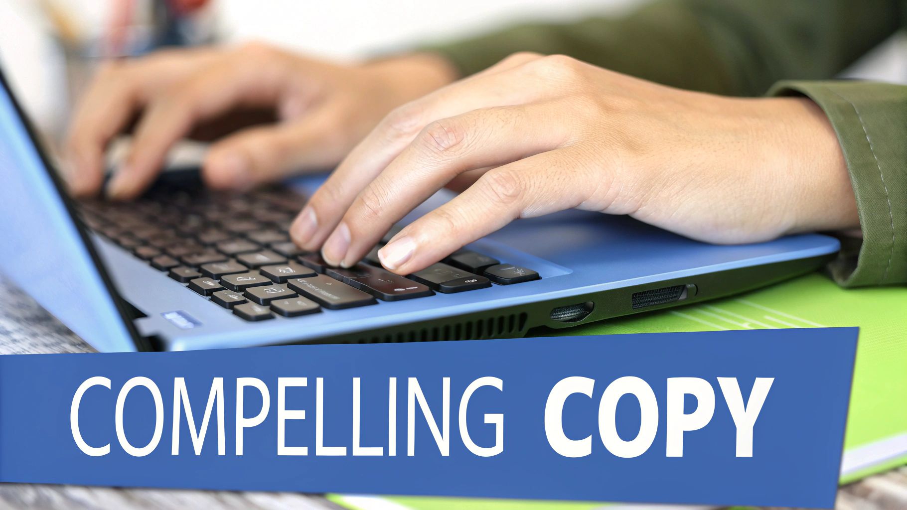 A person writing compelling copy on a laptop, with lightbulbs symbolizing creative ideas floating around.
