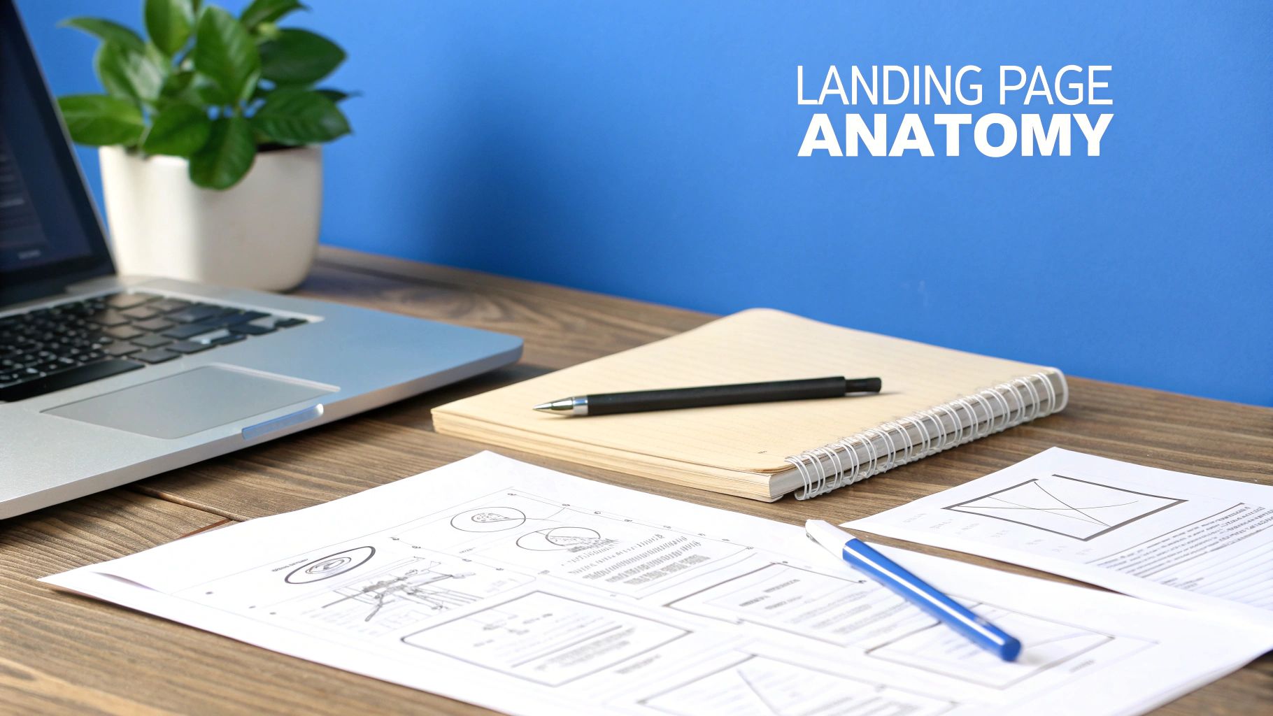 A designer wireframing a landing page on a computer screen, illustrating the core components of a successful design.