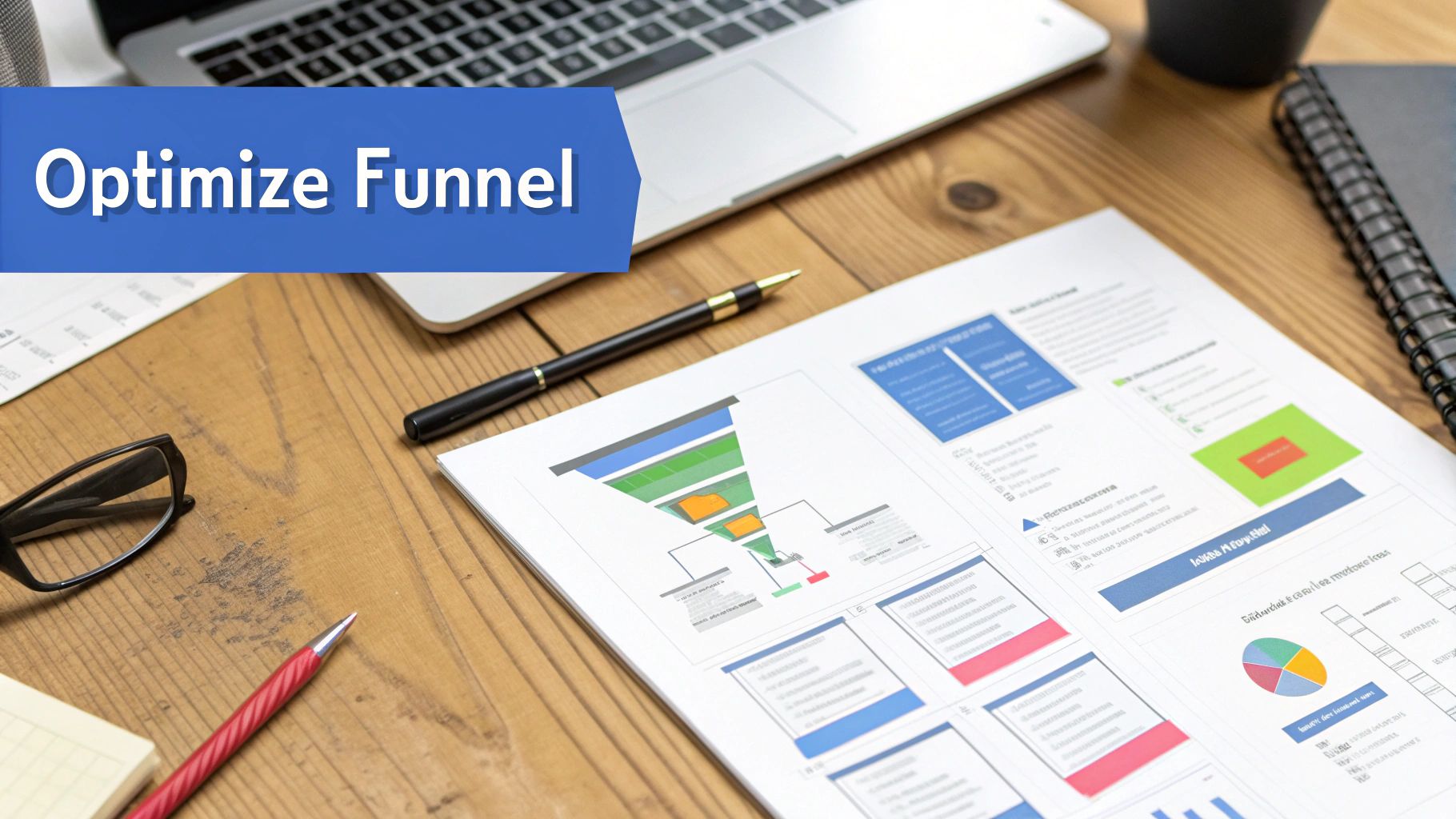 A visual representation of a marketing funnel with arrows showing iterative improvements at each stage, leading to a higher conversion rate.