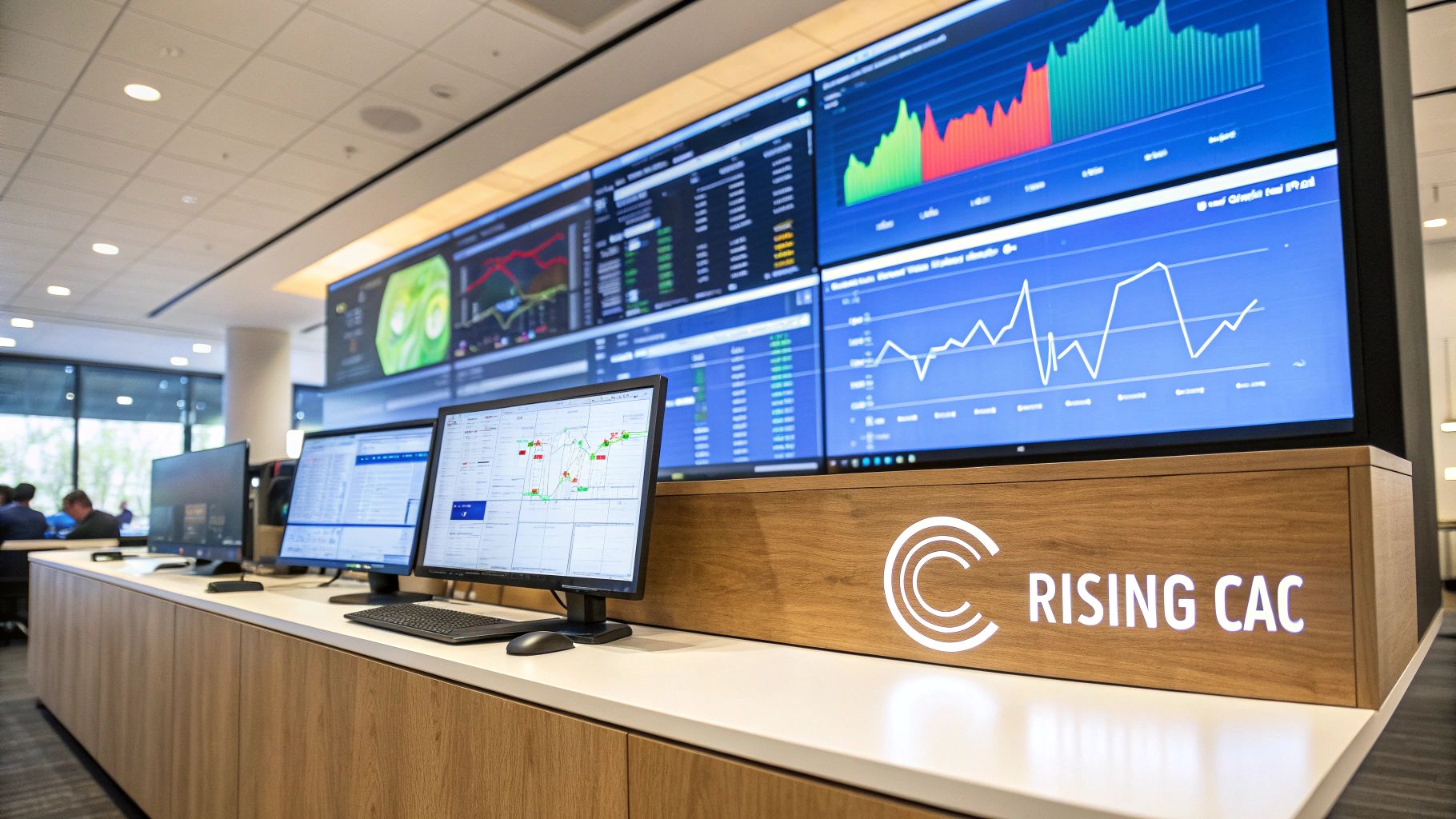 A person analyzing a growing bar chart on a tablet, symbolizing rising customer acquisition costs.