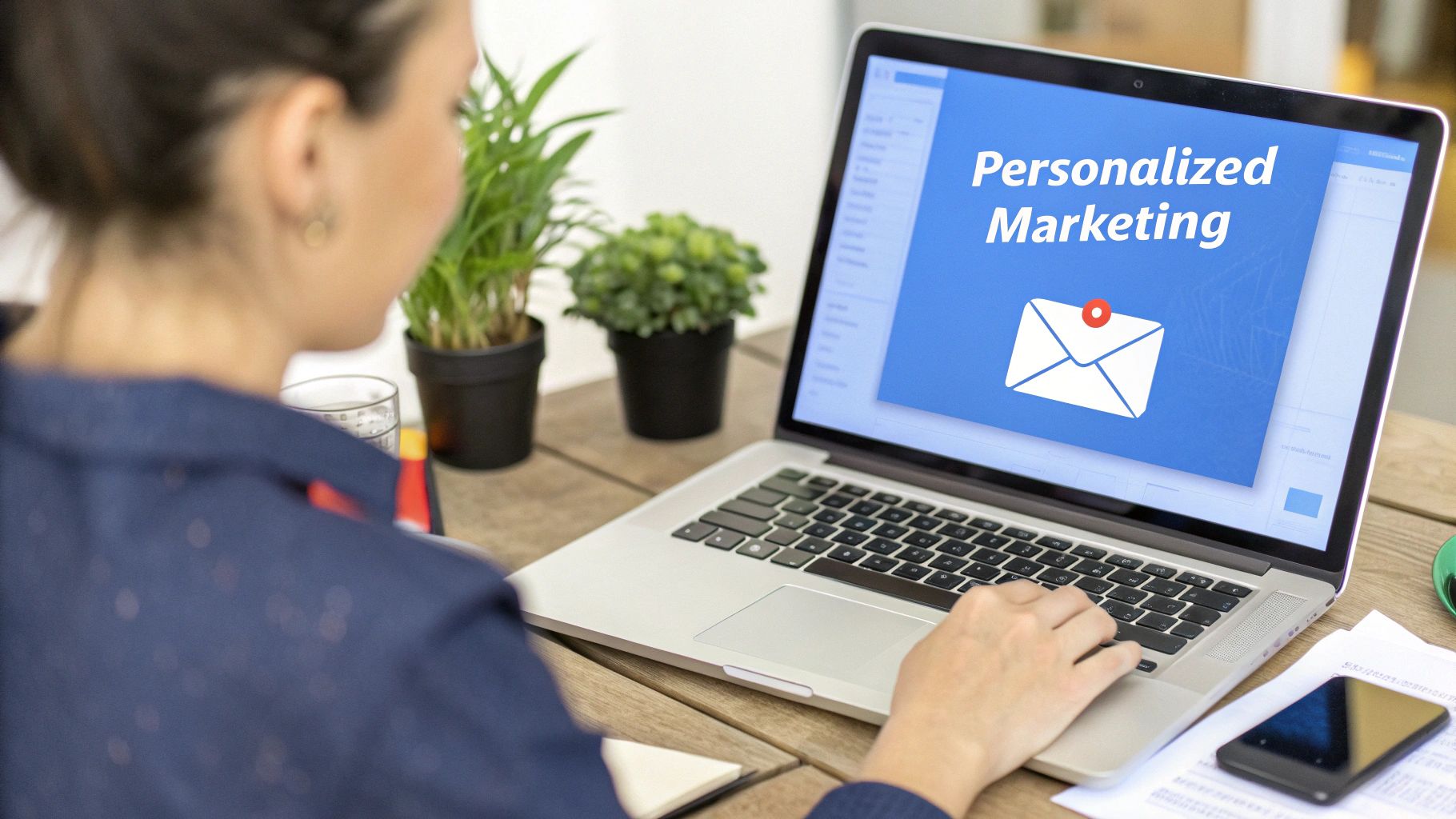 A marketer using a tablet to send personalized messages that connect directly with individual customer profiles, showcasing targeted marketing.