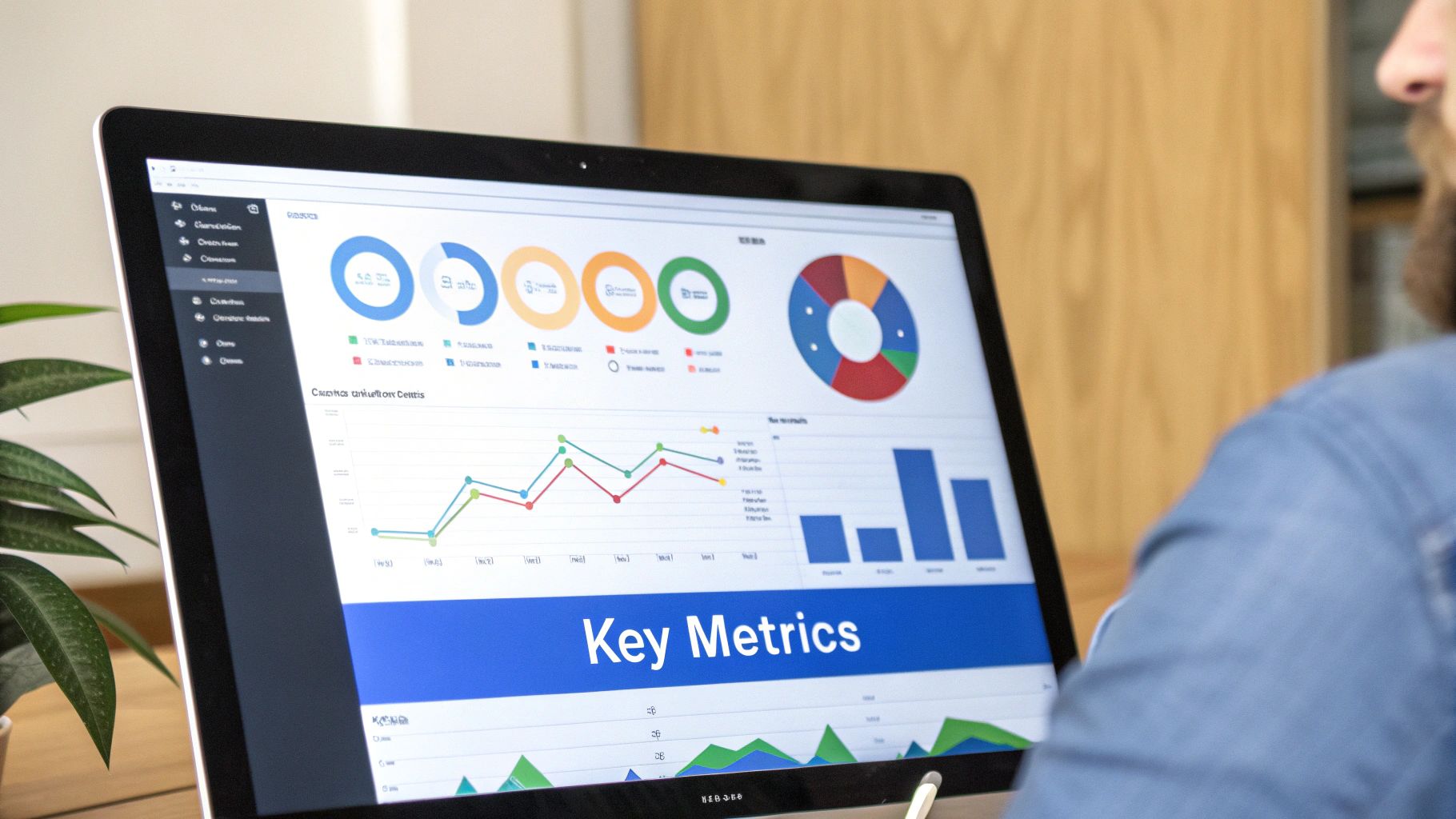 A person pointing at a screen showing various charts and PPC metrics.