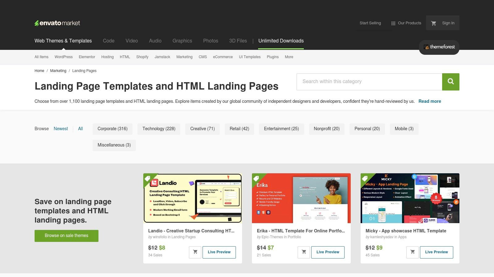 ThemeForest landing page marketplace showing various templates for sale.