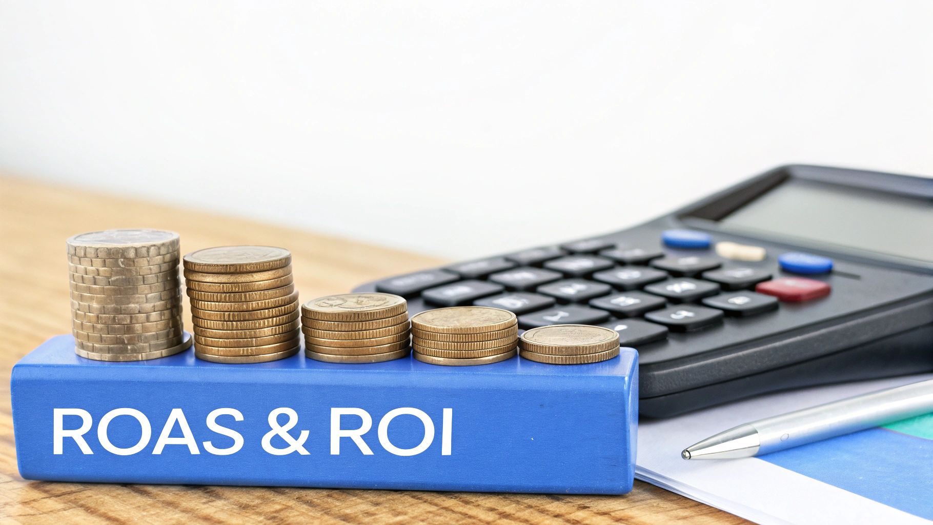 A graph showing a rising trend line with dollar signs, representing ROAS and ROI.