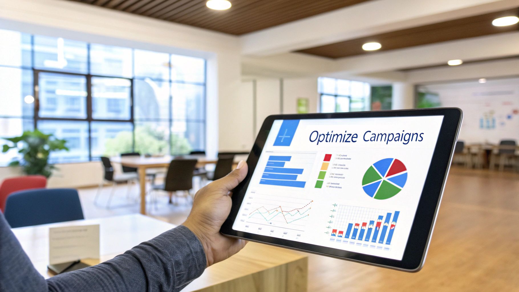 A digital marketer analyzing performance data on a dashboard to optimize campaigns.