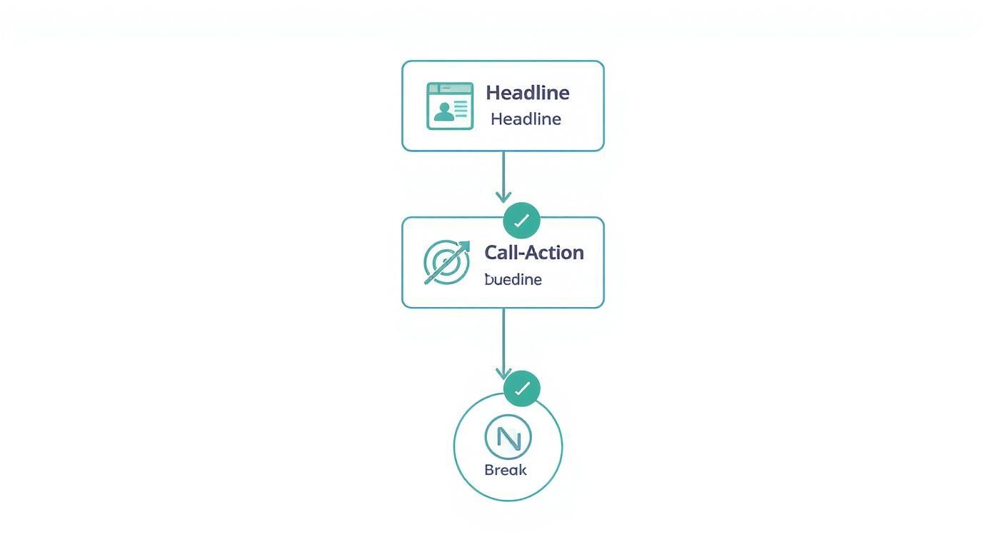 Infographic decision tree for a high-converting landing page, showing nodes for a compelling headline, a single call-to-action, and the removal of site navigation.