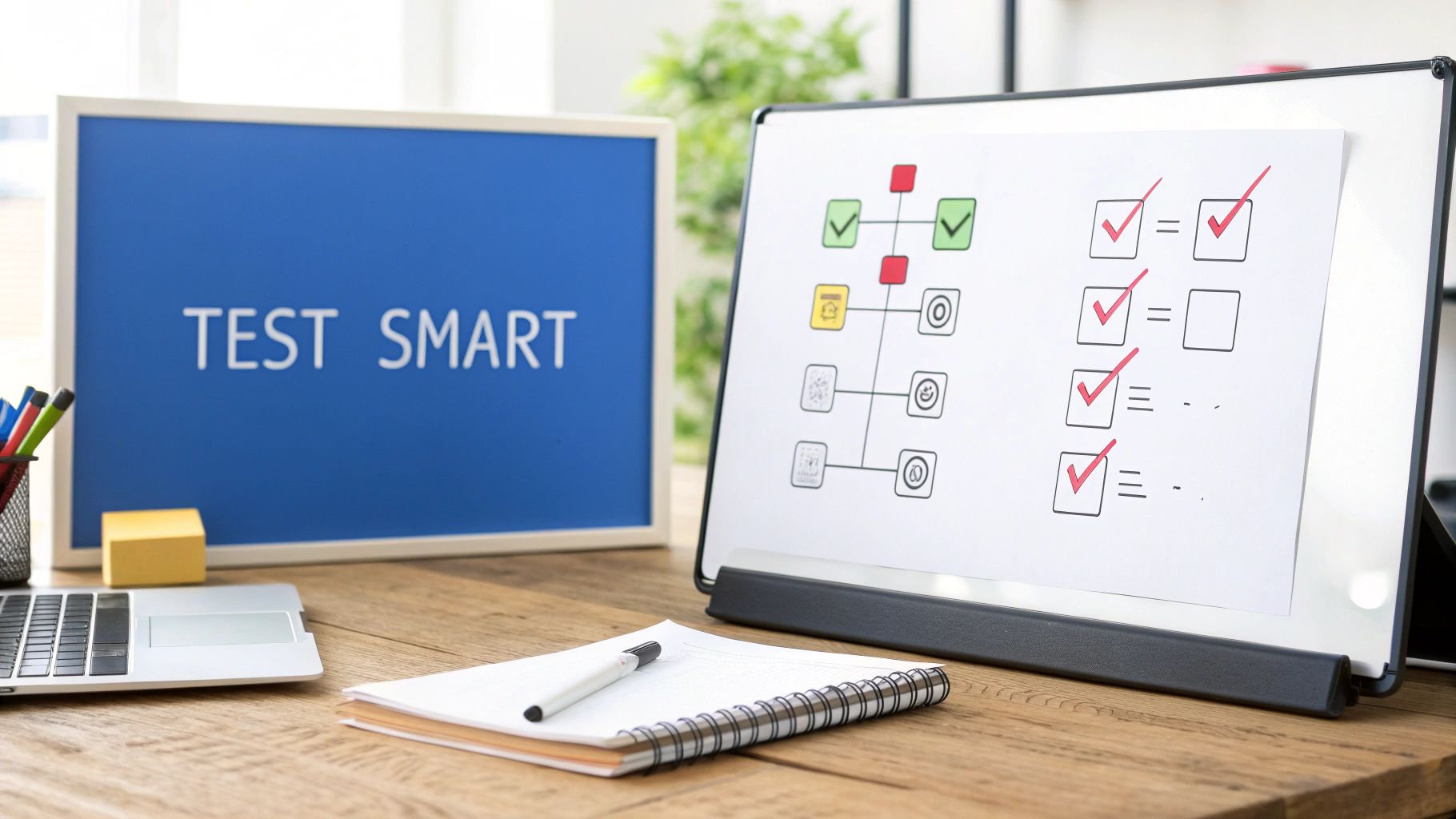 Person working on a laptop with charts and graphs in the background, representing best practices in testing.