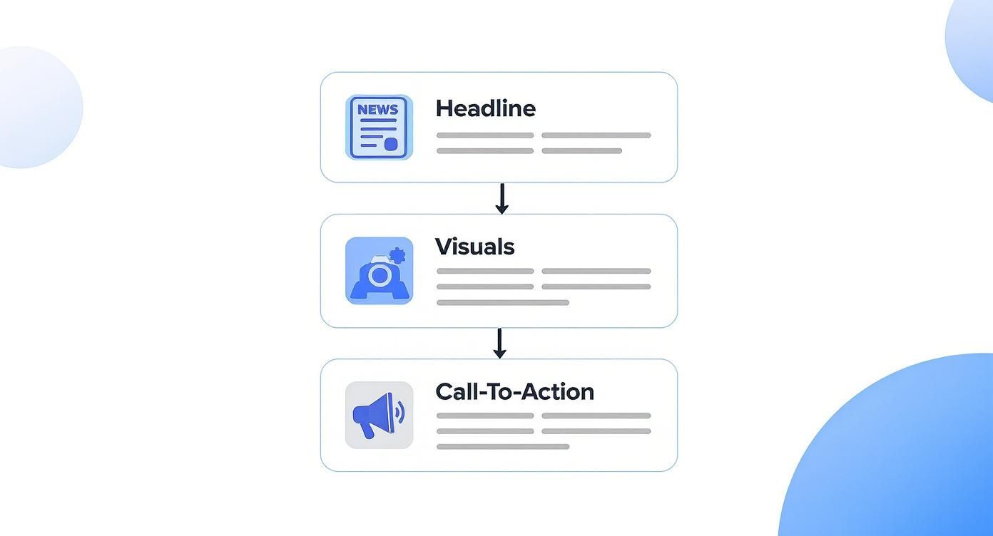 Infographic displaying a vertical hierarchy for a converting landing page with icons for Headline, Visuals, and CTA.