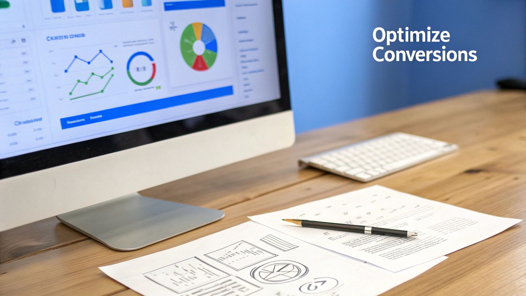 A magnifying glass hovering over a website layout, symbolizing analysis and optimization of a real estate landing page.