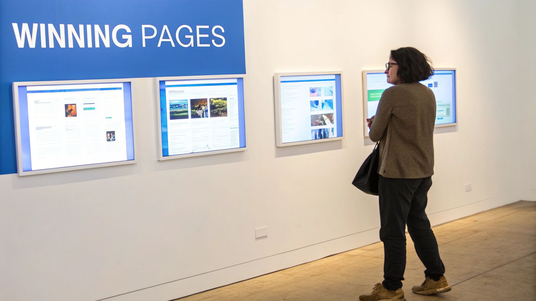 A person pointing at a laptop screen showing a real estate website, illustrating the analysis of landing pages.