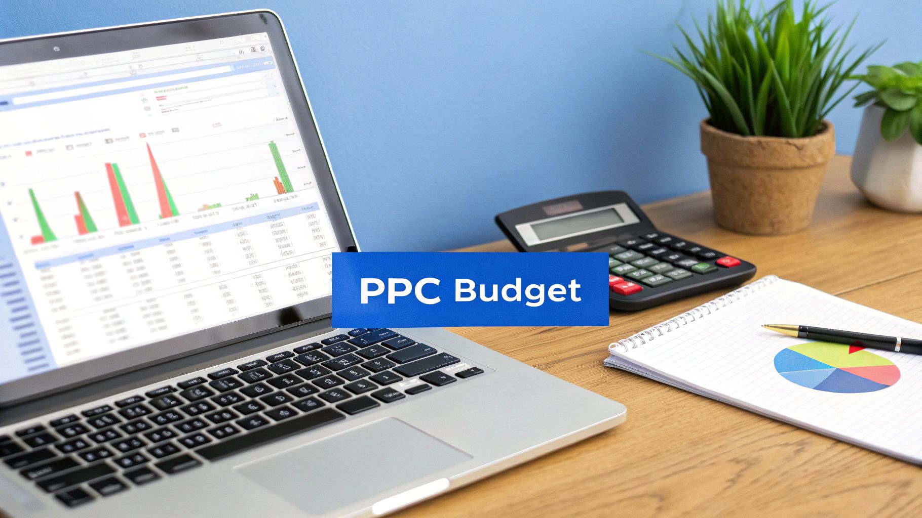 A person using a calculator and looking at a chart on a computer screen, symbolizing budget forecasting for PPC advertising.
