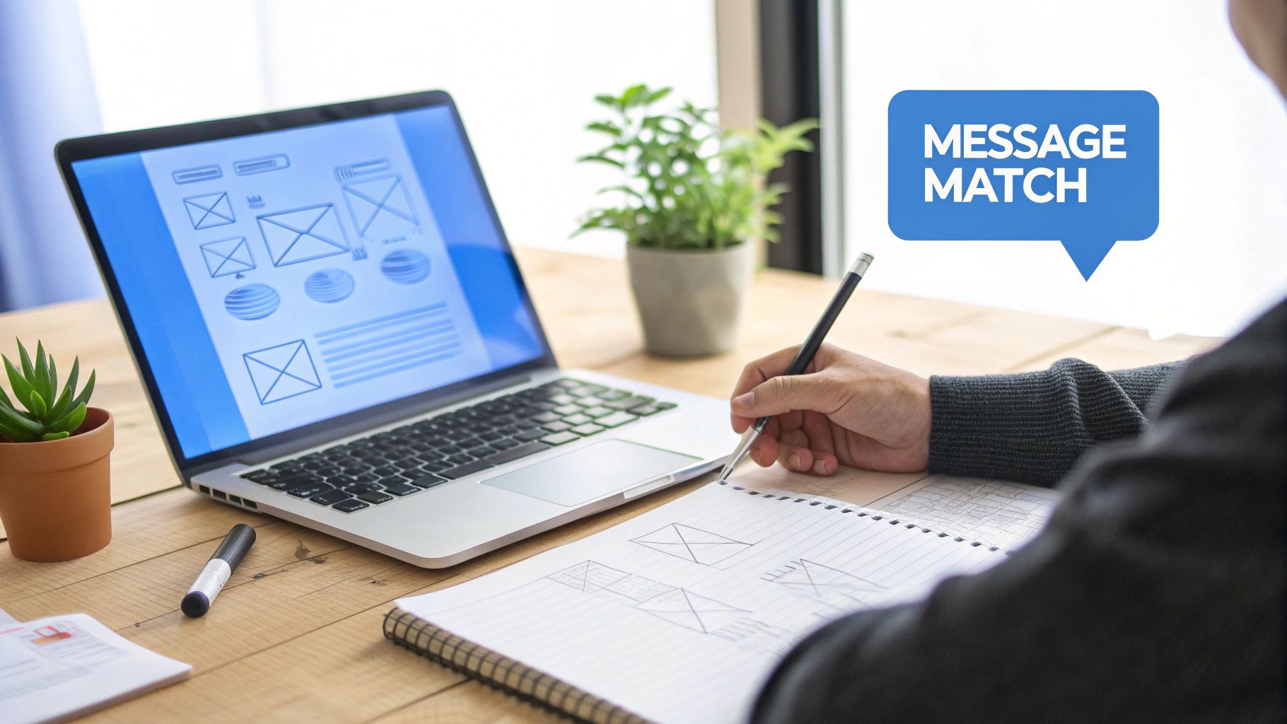 An illustration of a team collaborating on a landing page design, with charts and graphs in the background.