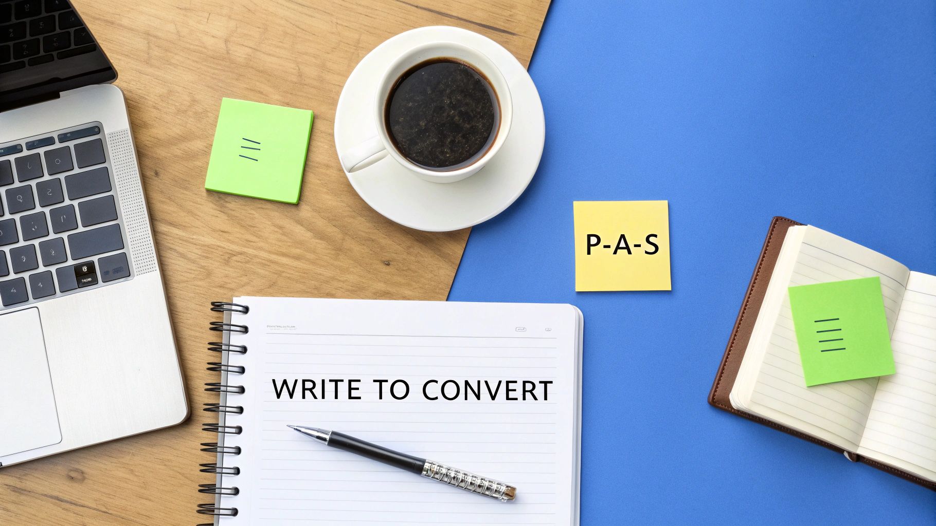 An illustration of a person writing compelling copy on a laptop, with lightbulbs and checkmarks floating around them.