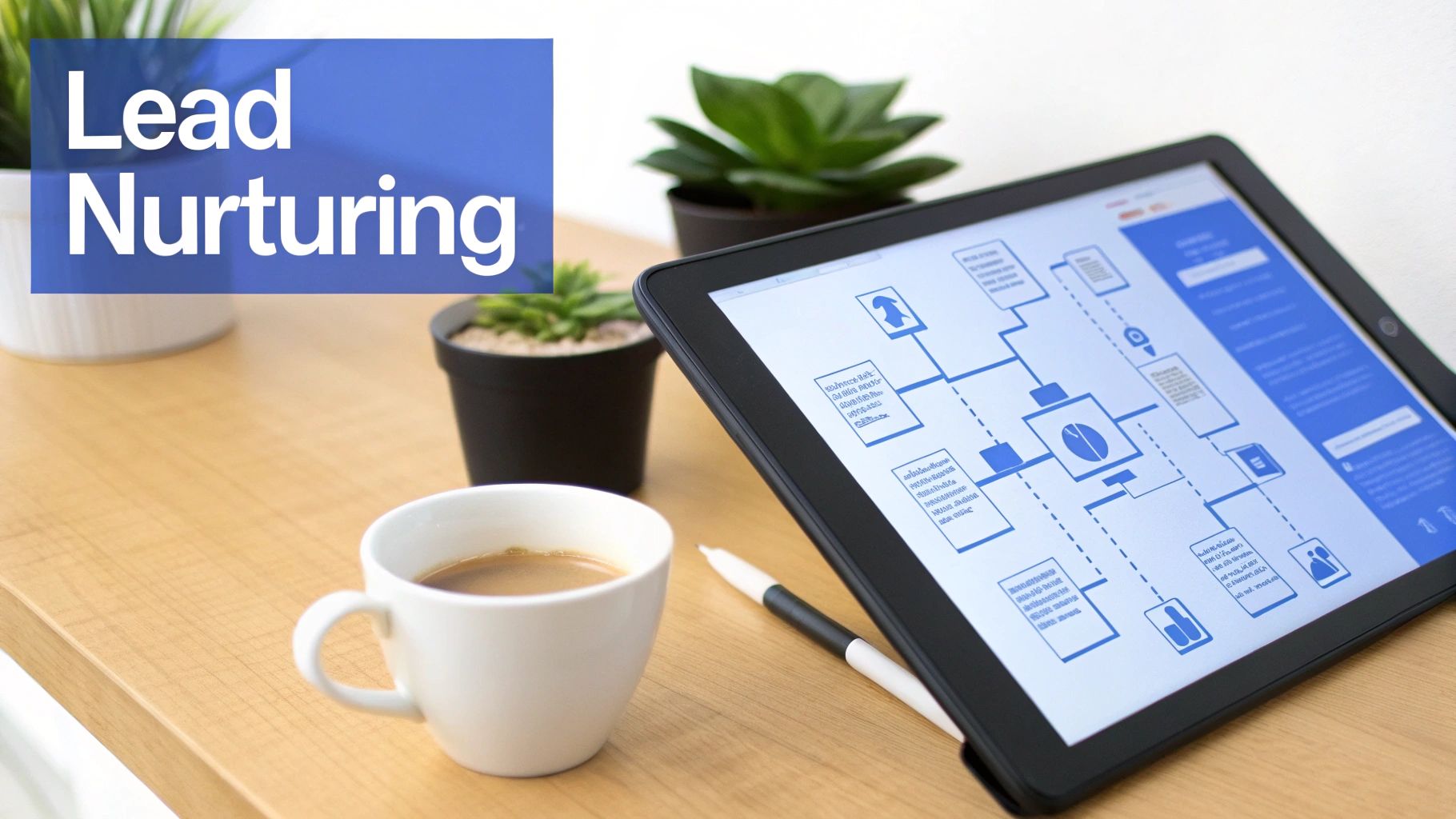 A visual representation of a marketing automation workflow showing emails and actions nurturing a lead