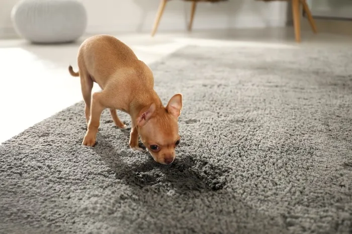 Dog smelling urine odours on carpet