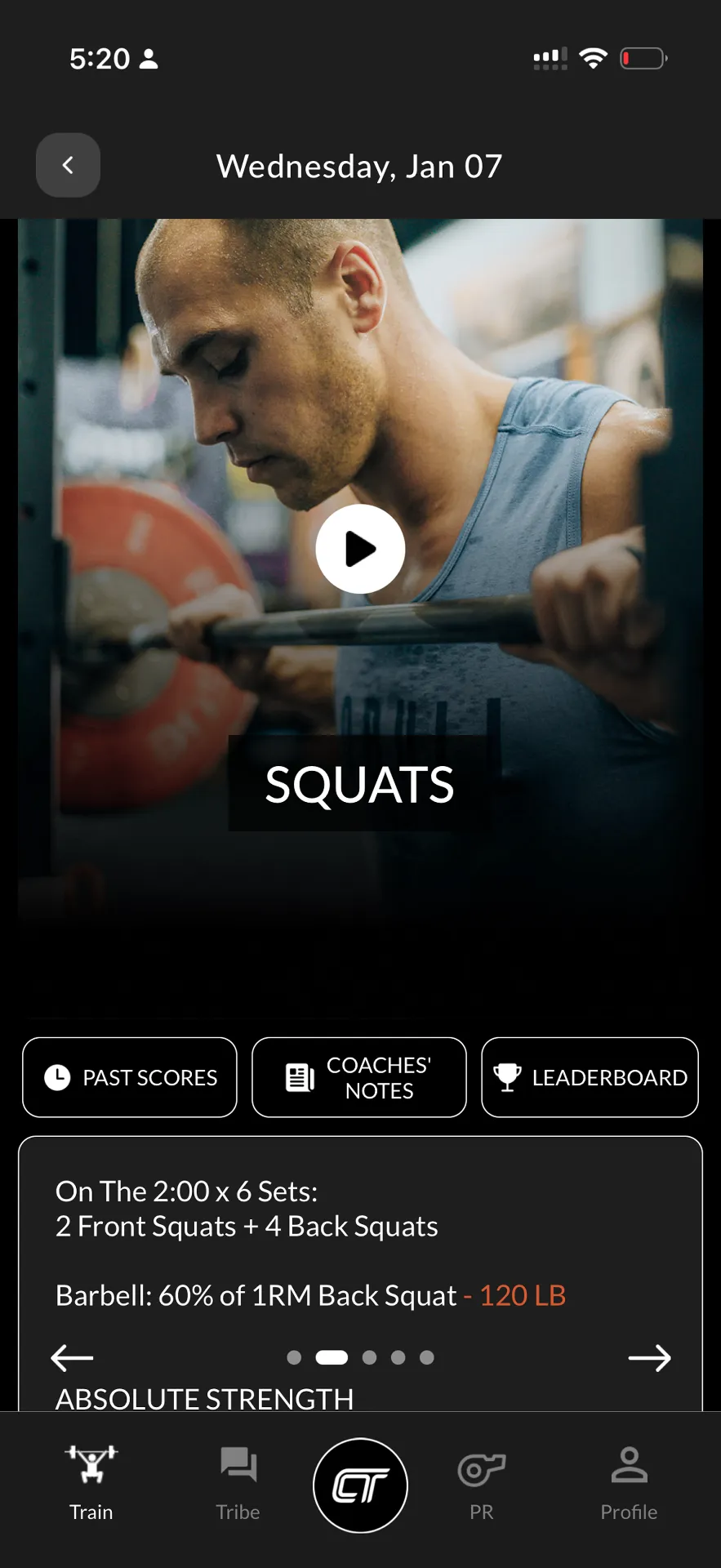 CompTrain workout screen with coaching notes and movement options