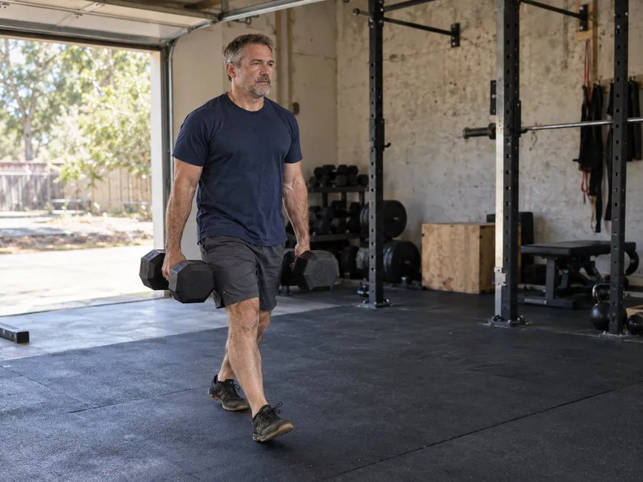 CompTrain member carrying dumbbells in the gym