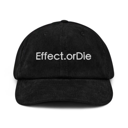 Retro black hat with Effect.orDie embroidered in white in the front