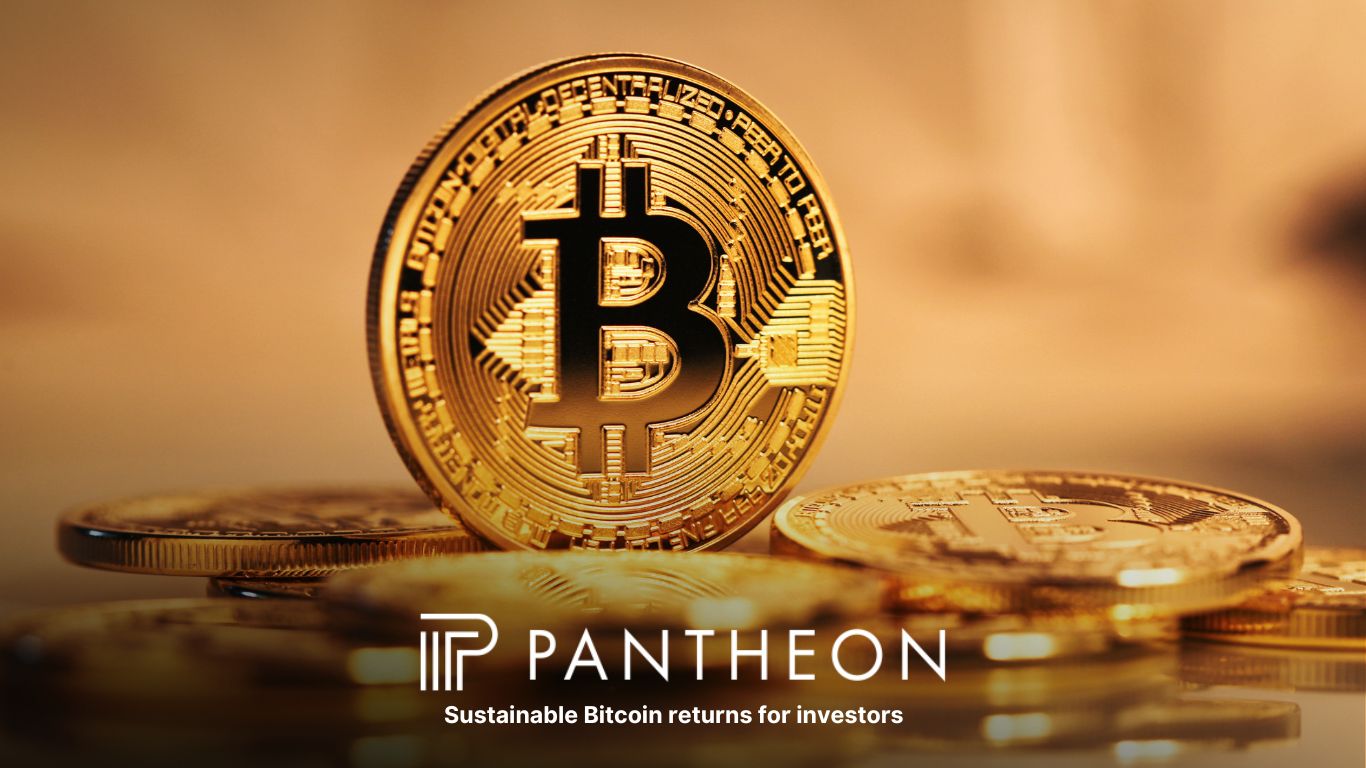 Bitcoin coin with Pantheon logo and the tagline “Sustainable Bitcoin returns for investors” on a golden background.
