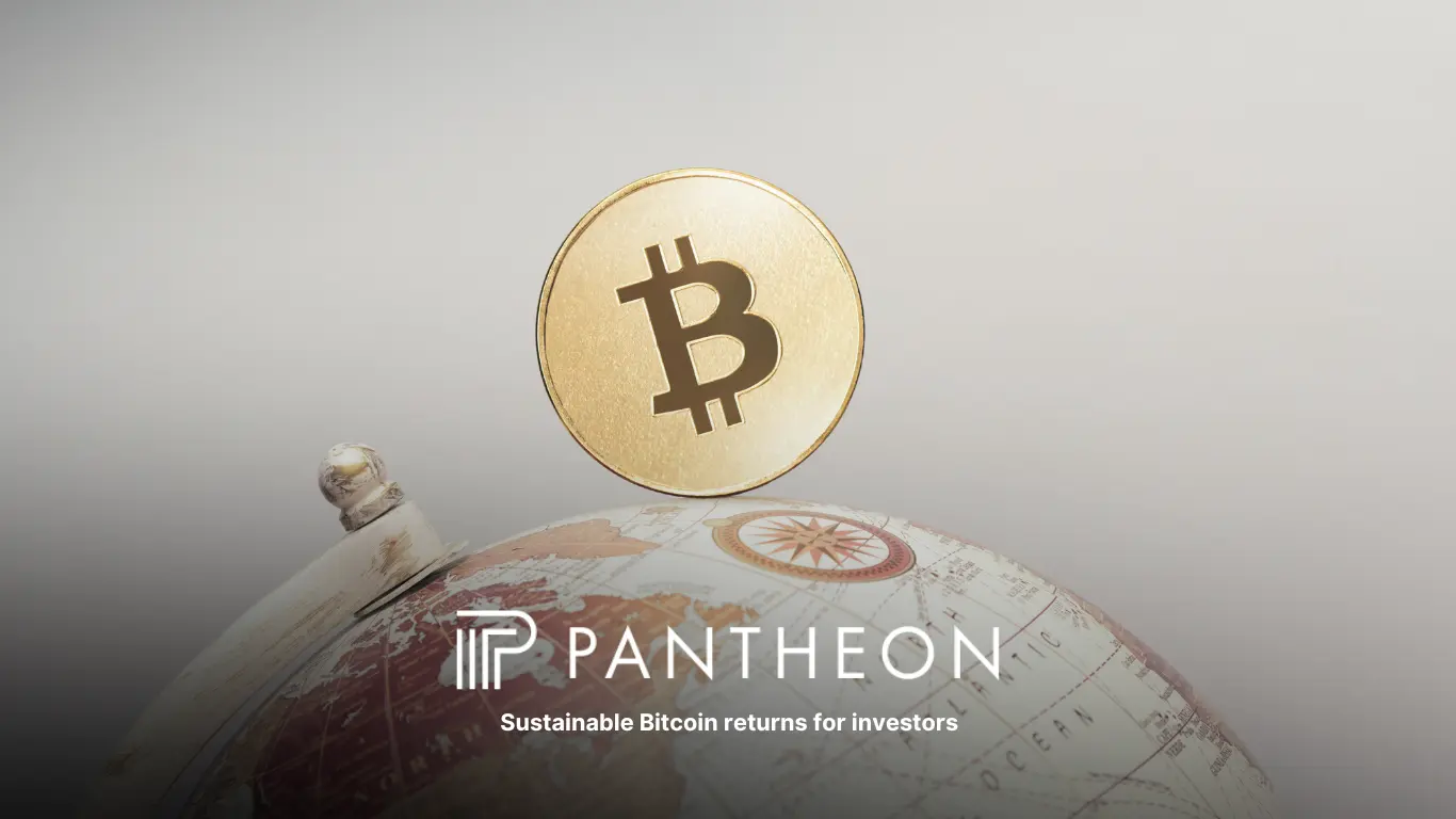 Bitcoin coin above a globe with Pantheon logo 
