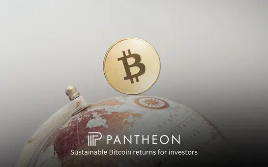 Bitcoin coin above a globe with Pantheon logo 