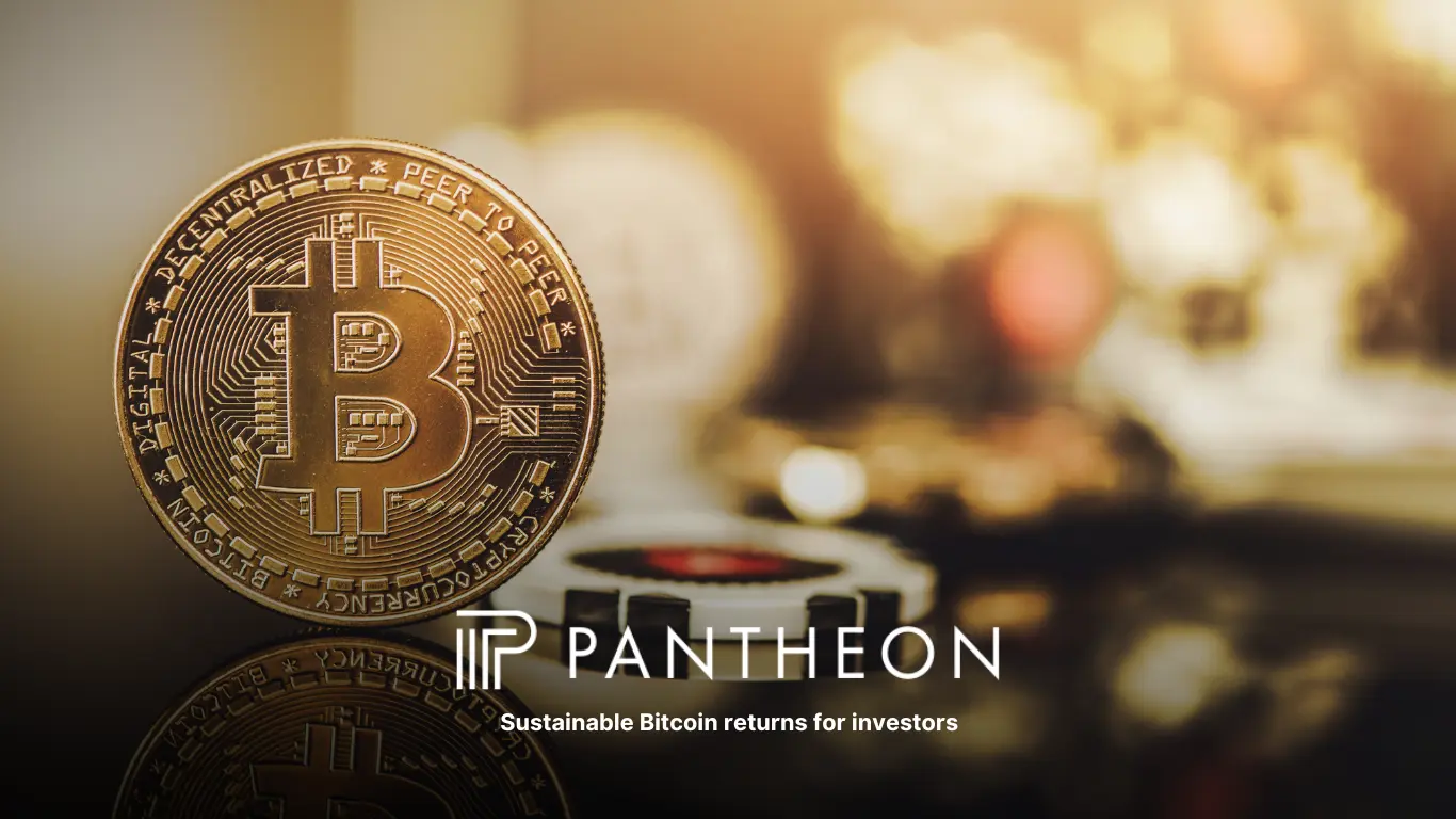 Bitcoin coin with Pantheon Mining logo and tagline