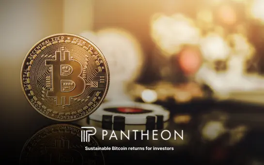 Bitcoin coin with Pantheon Mining logo and tagline