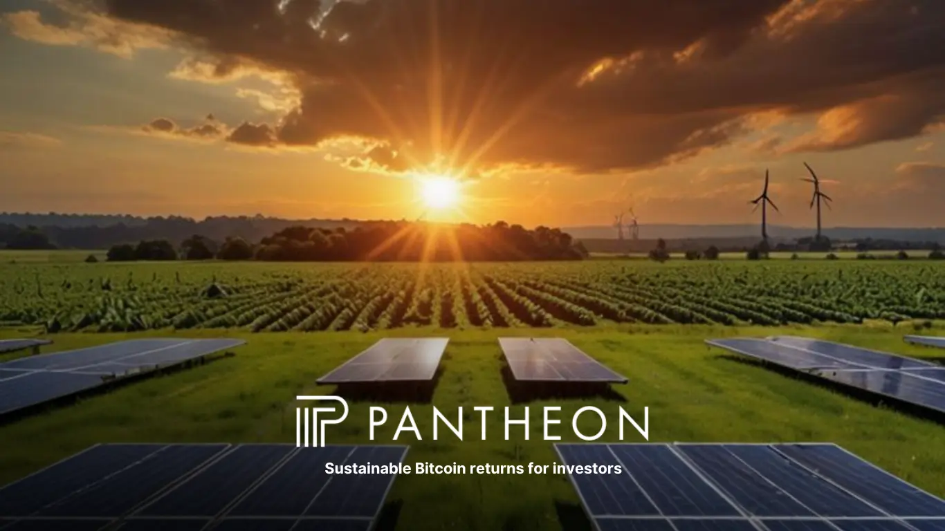 Solar panels and wind turbines at sunset representing Pantheon’s focus on sustainable Bitcoin returns for investors.