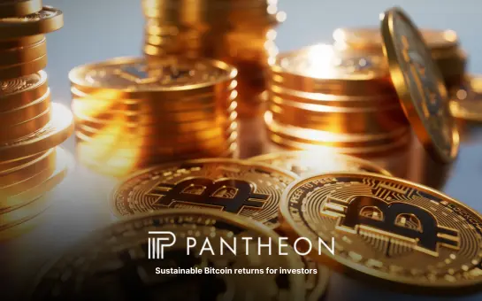 Stacks of Bitcoin coins with Pantheon logo and tagline “Sustainable Bitcoin returns for investors.”