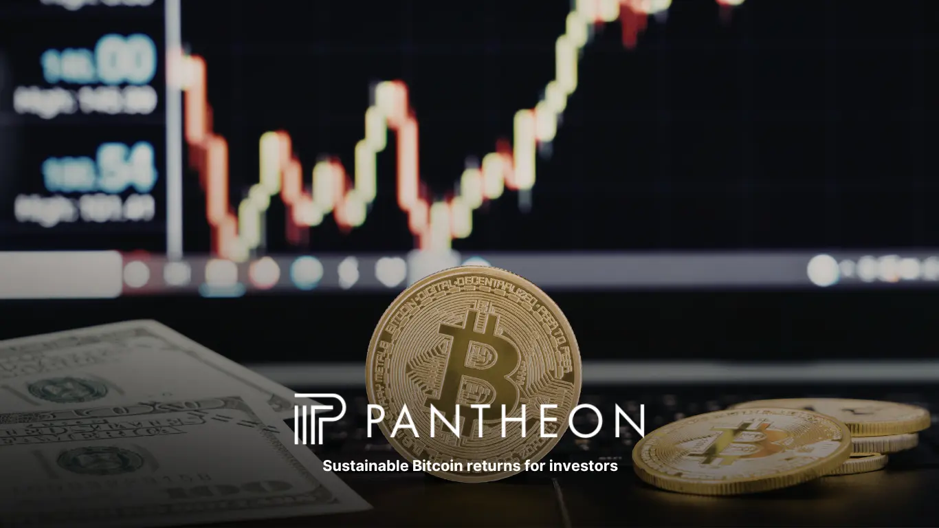 Bitcoin coin in front of a rising price chart, with the Pantheon logo and the line “Sustainable Bitcoin returns for investors.”