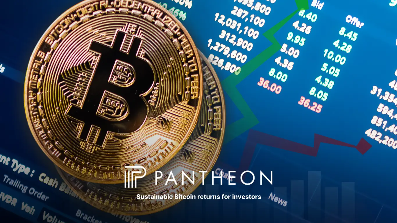 Bitcoin coin over market data background with Pantheon branding
