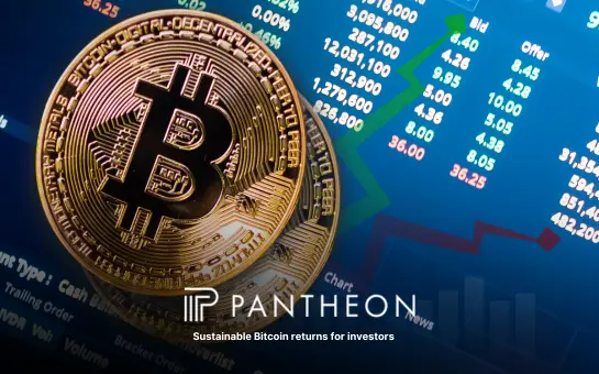 Bitcoin coin over market data background with Pantheon branding