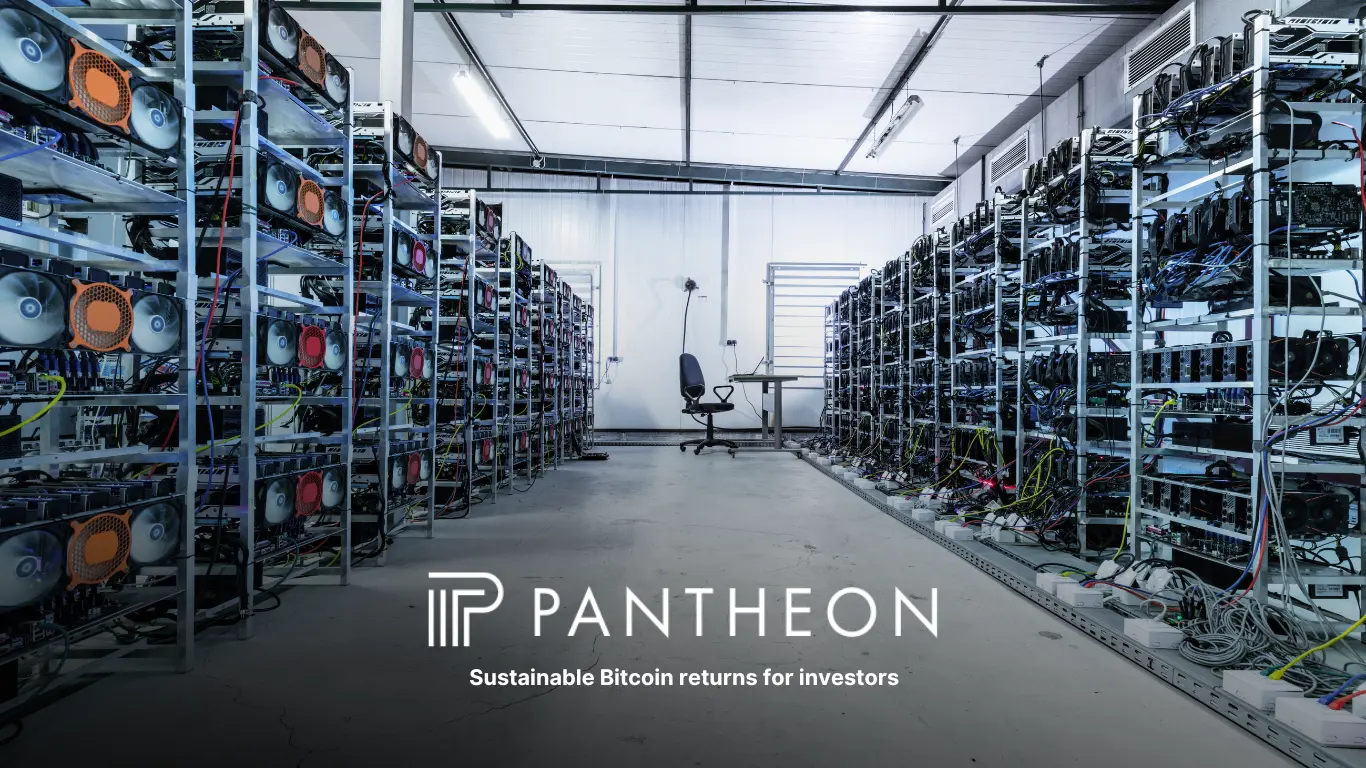 Industrial Bitcoin mining facility with rows of GPU rigs and Pantheon branding in the centre.
