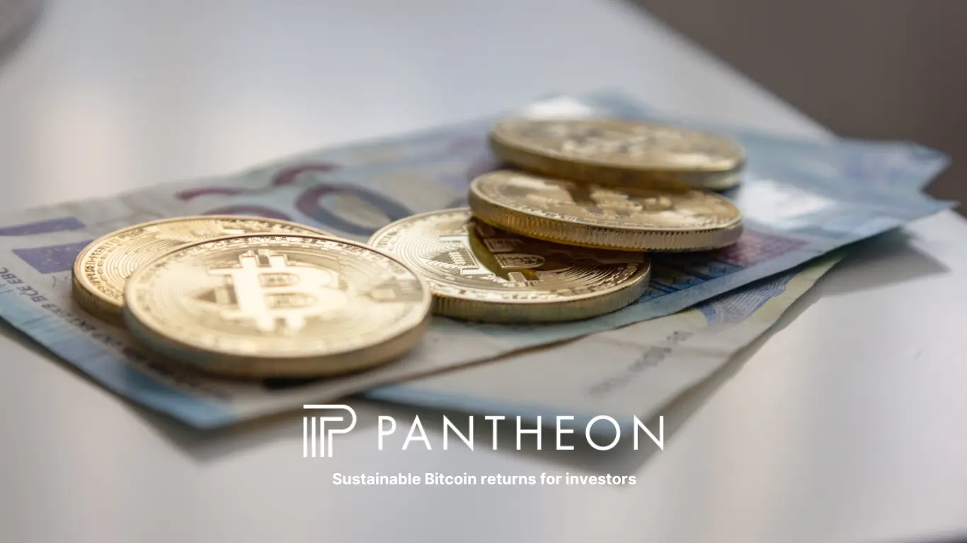 Bitcoin coins placed on euro banknotes representing digital assets and traditional currency, with Pantheon Mining branding.