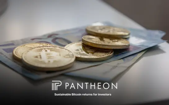Bitcoin coins placed on euro banknotes representing digital assets and traditional currency, with Pantheon Mining branding.