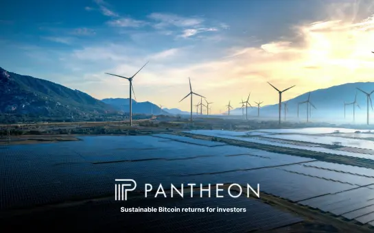 Wind turbines and solar panels powering sustainable energy infrastructure with Pantheon branding for Bitcoin mining investments
