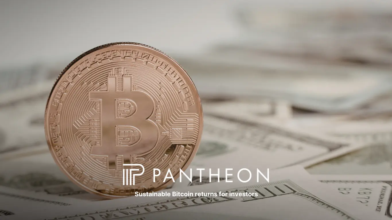 Bitcoin coin on US dollar bills with Pantheon branding overlay