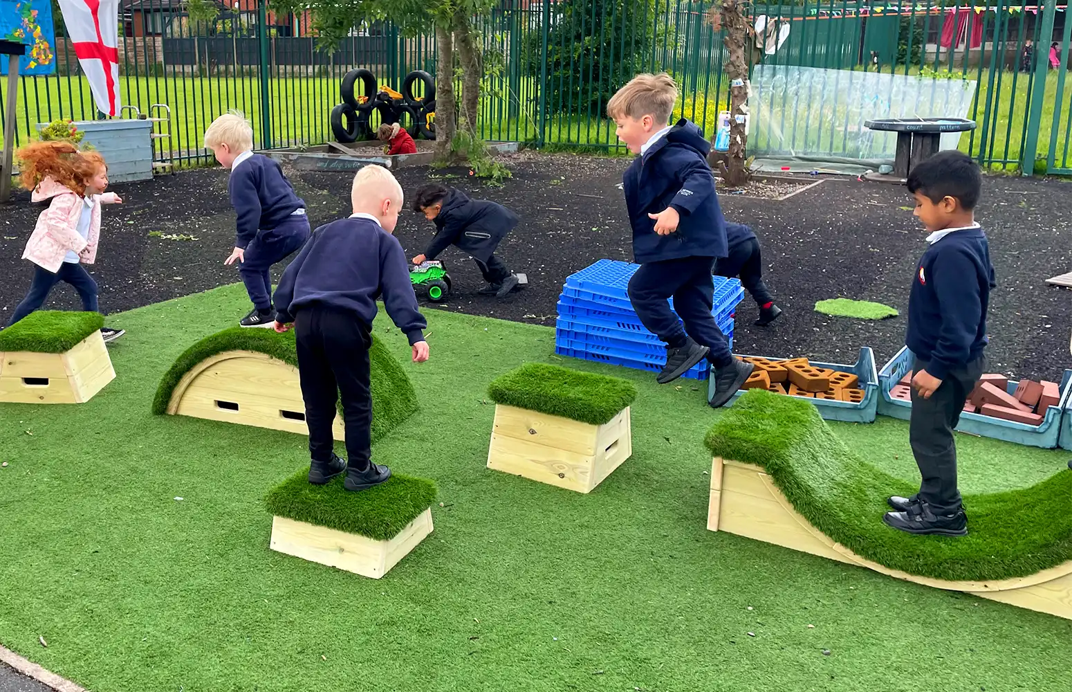 Multiple primary school children playing on the Exercise Block Set