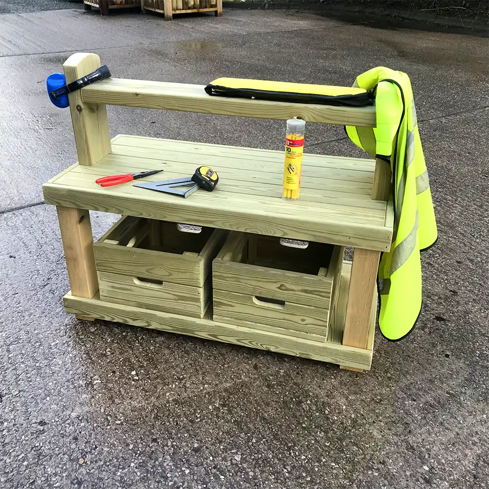 Our Primary School Workbench in use with building accessories