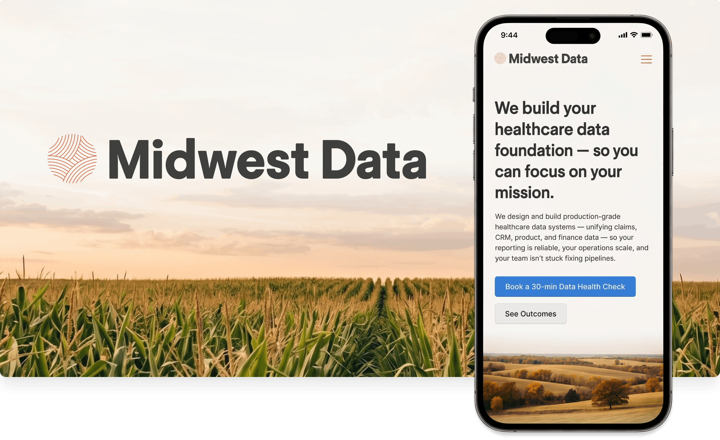 Midwest Data logo and website on phone with text about building healthcare data foundation.