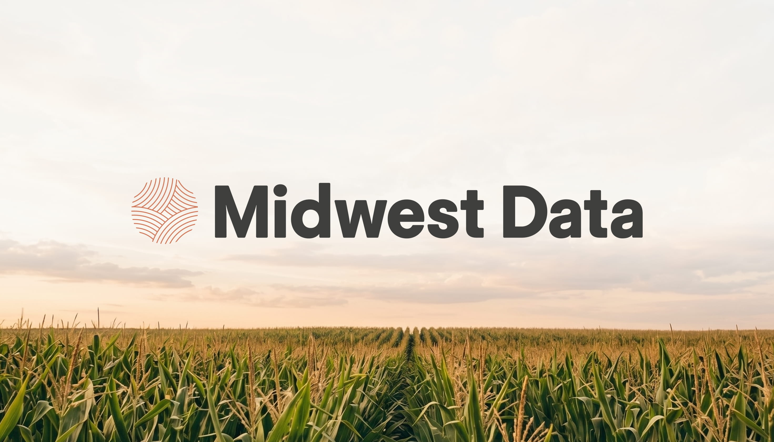 Expansive green cornfield at sunset under a pale sky with Midwest Data logo overlay.