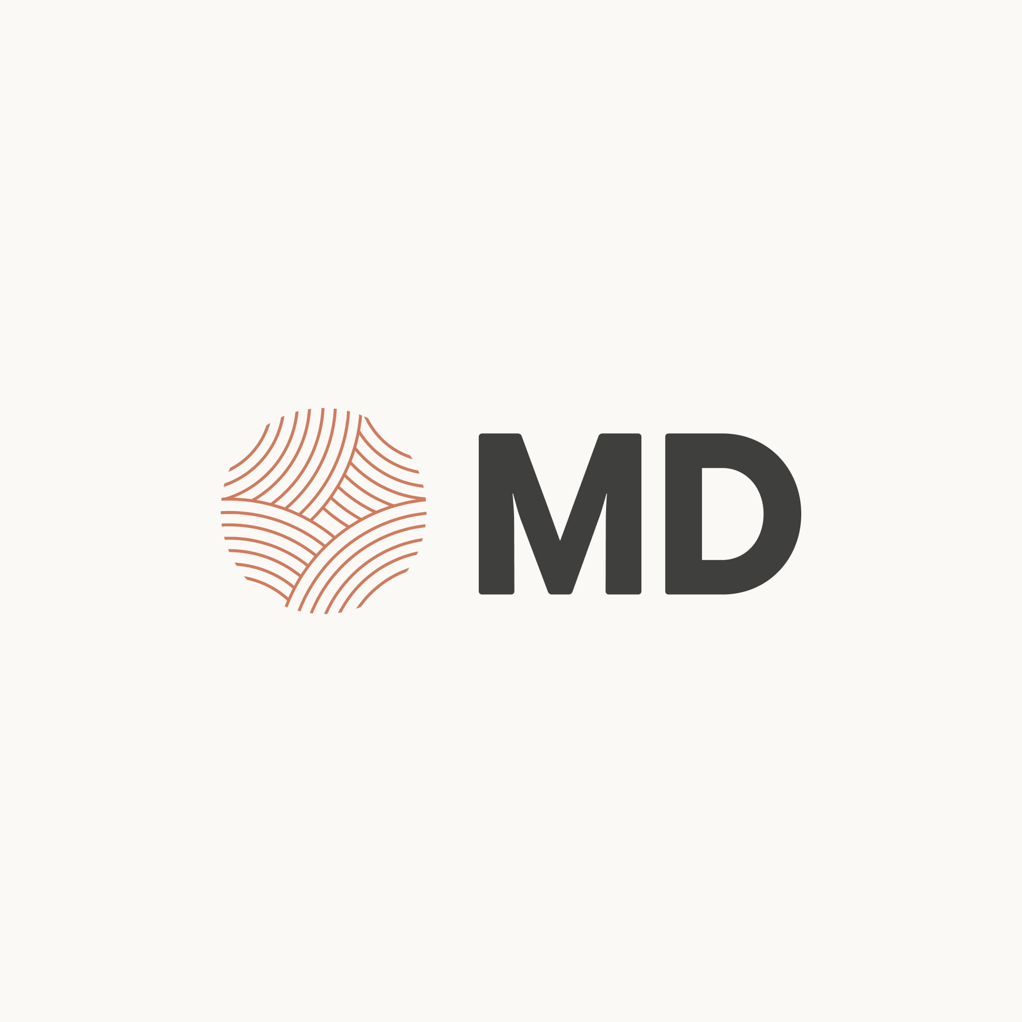 Logo with stylized circular pattern and bold letters MD on a pale background.
