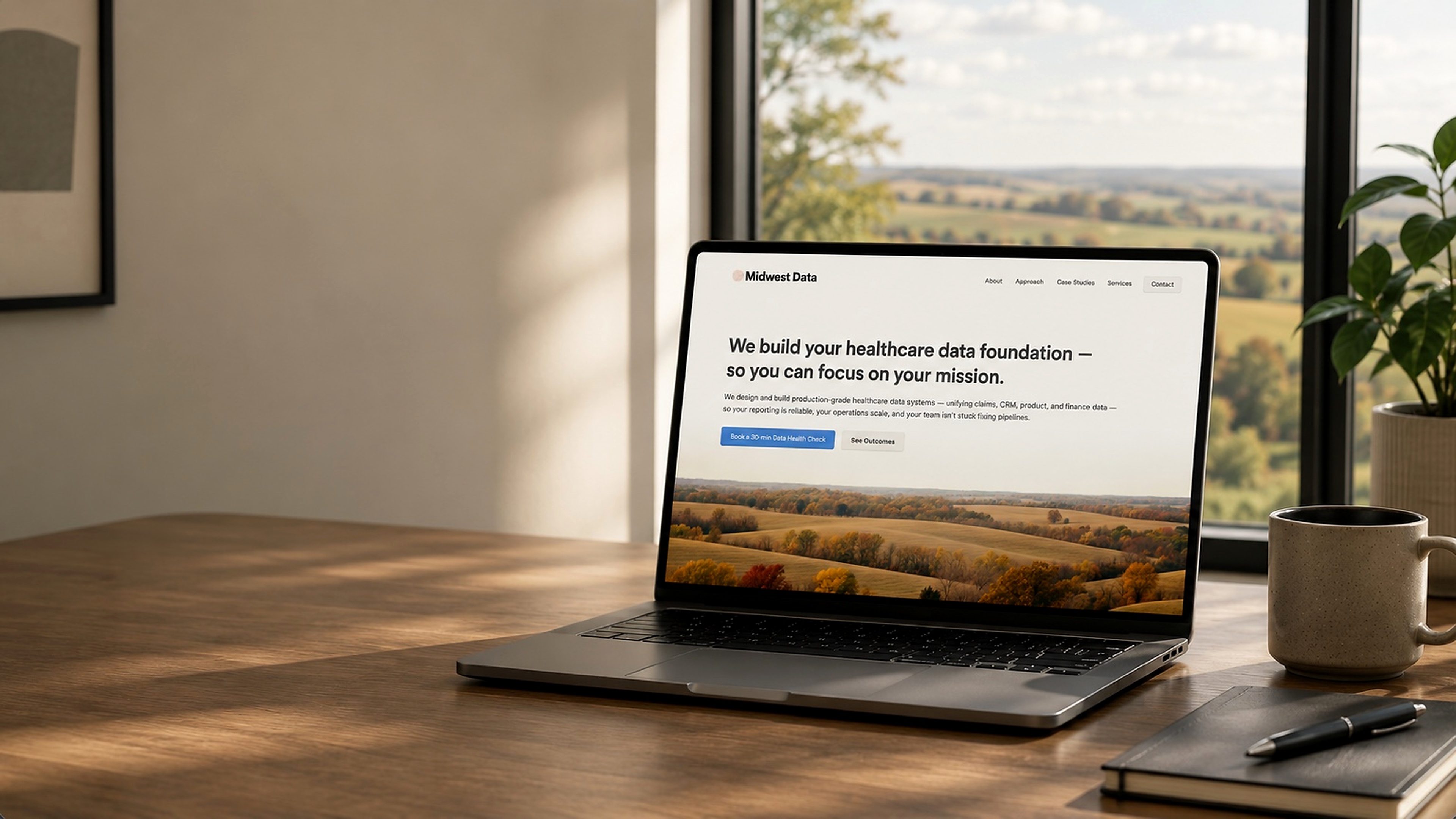 Open laptop on wood desk showing Midwest Data website with scenic landscape in background and coffee cup.