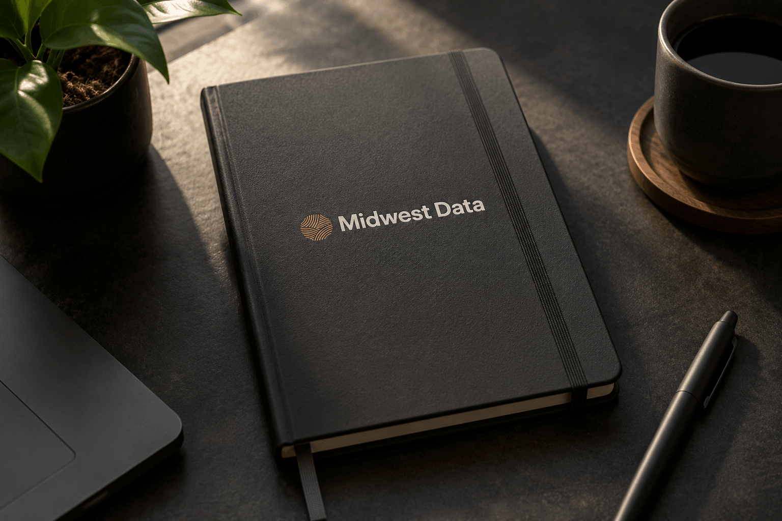 Black notebook with Midwest Data logo on desk beside pen, plant, laptop, and coffee cup.