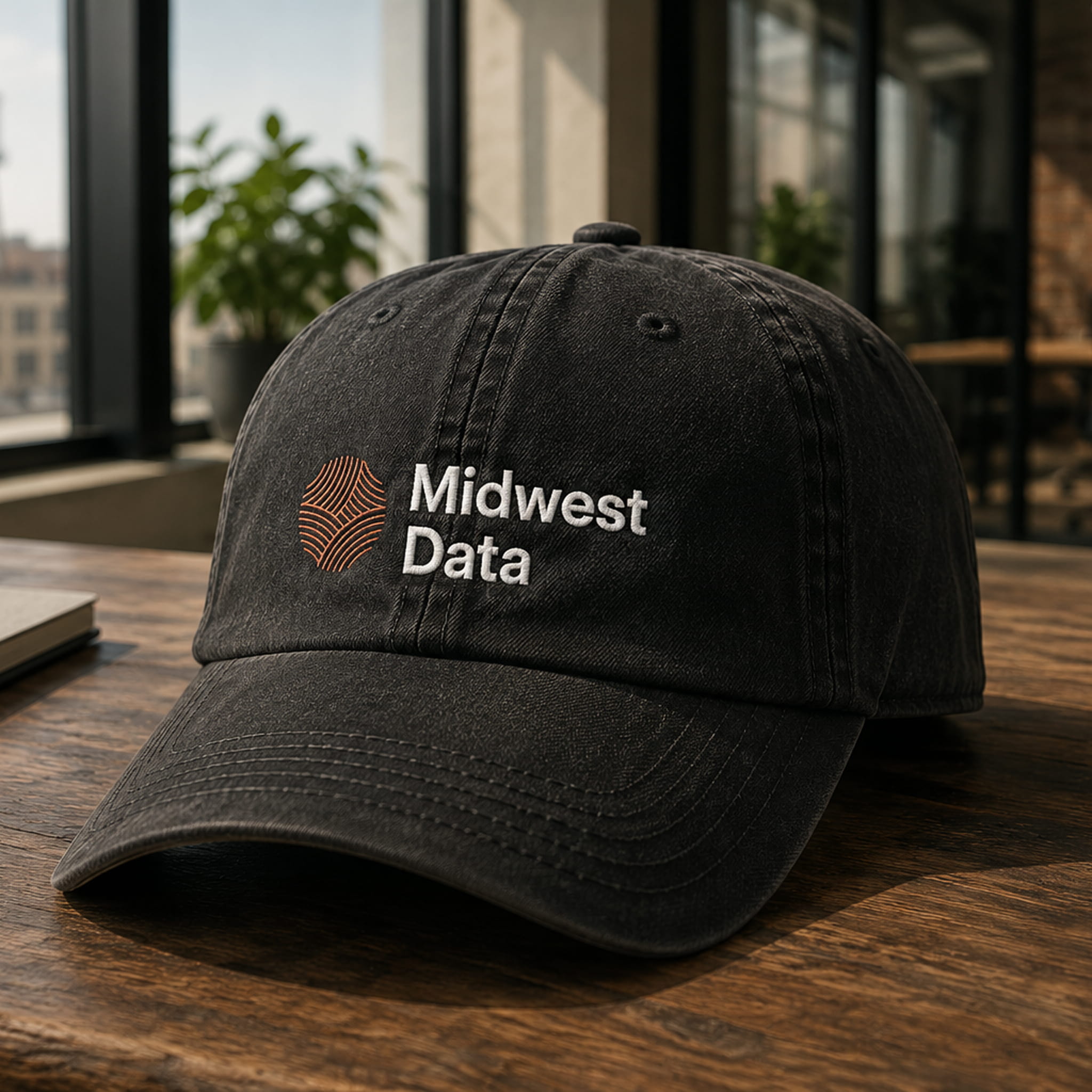 Black baseball cap on wooden table embroidered with an orange logo and 'Midwest Data' text.