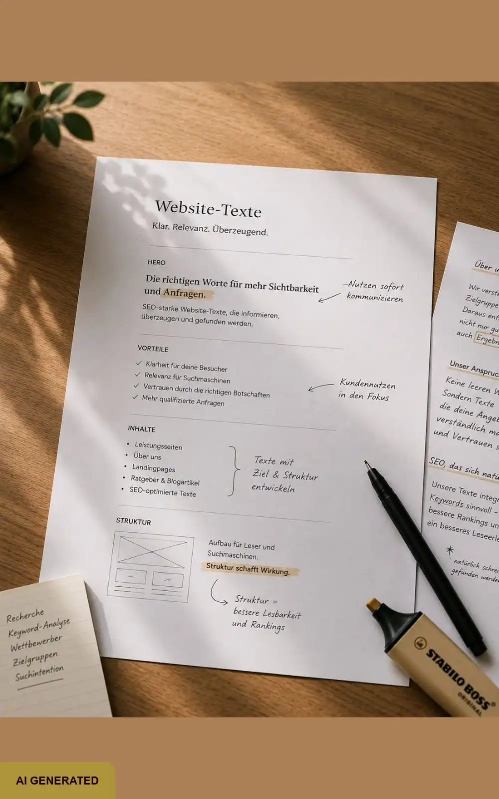Website-Texte werden von der Texterin entwickelt, Ausdruck und Stifte auf dem Schreibtisch