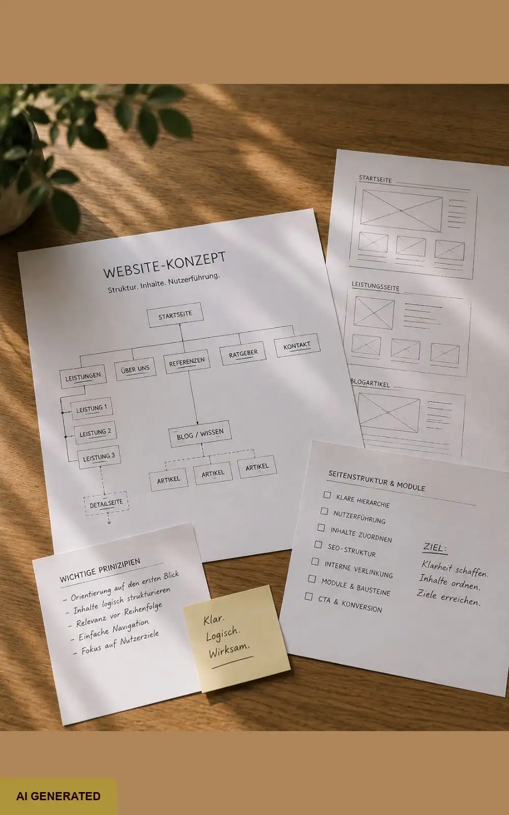 Wireframes & Sitemap-Skizzen für das Website-Konzept
