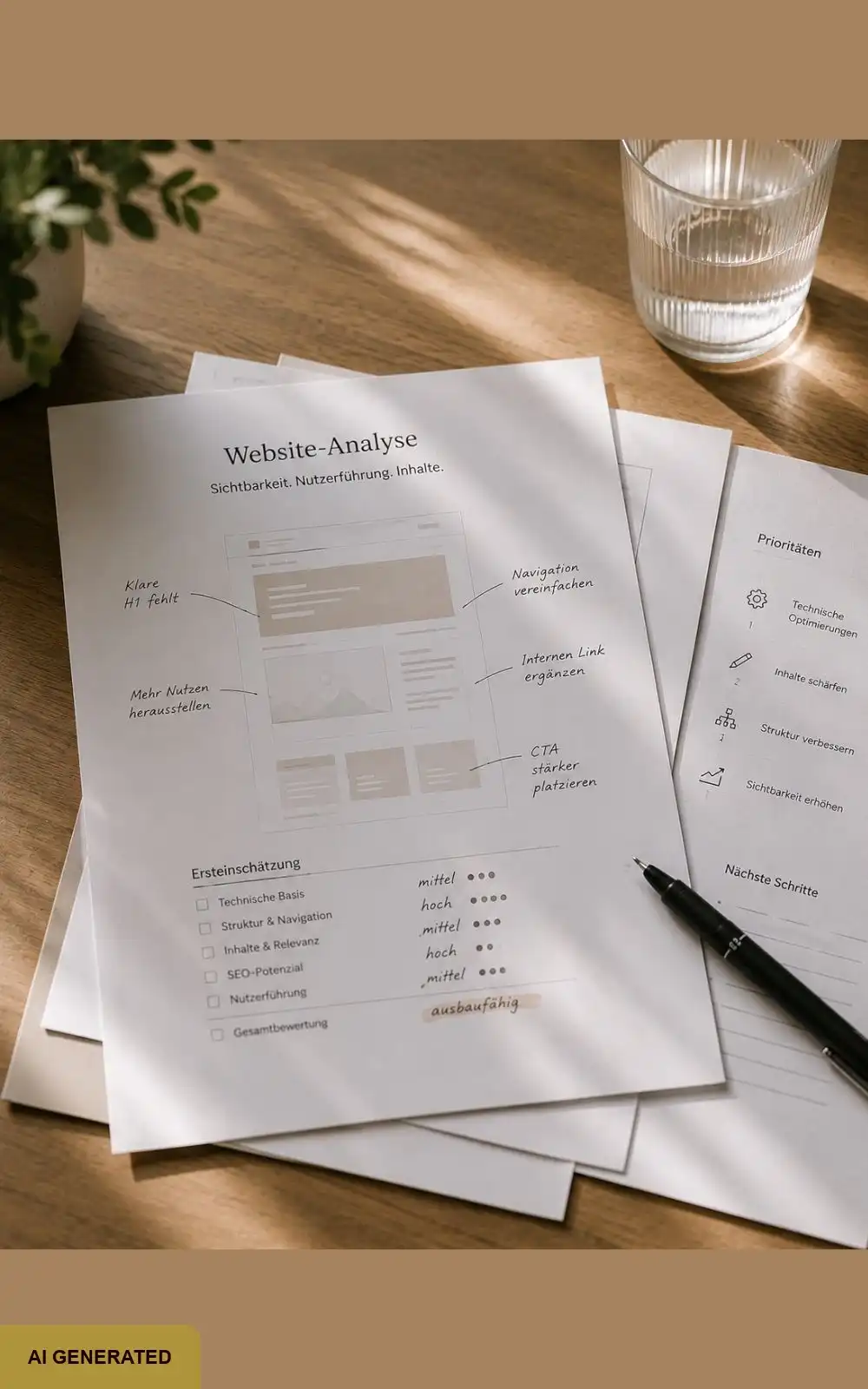 Website-Analyse: Website-Ausdruck & Notizen am Schreibtisch