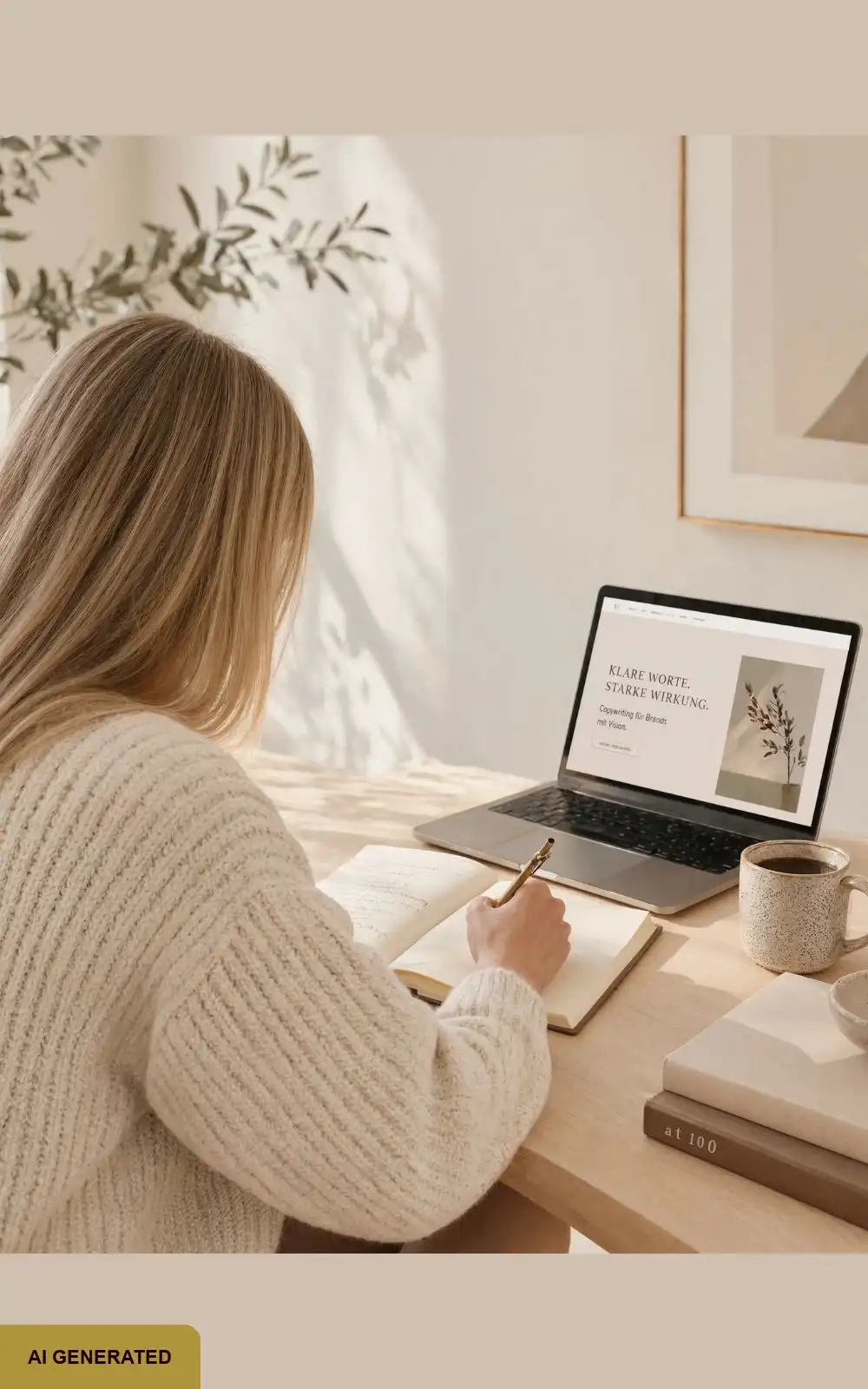 Website-Texterin am Schreibtisch mit Laptop macht schriftliche Notizen zum Website-Projekt